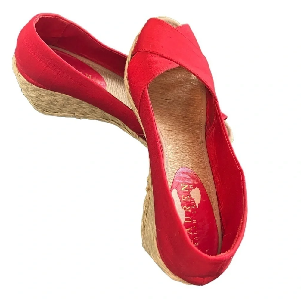 Lauren Ralph Lauren Cecilia Red Espadrille Wedge Peep Toe 6